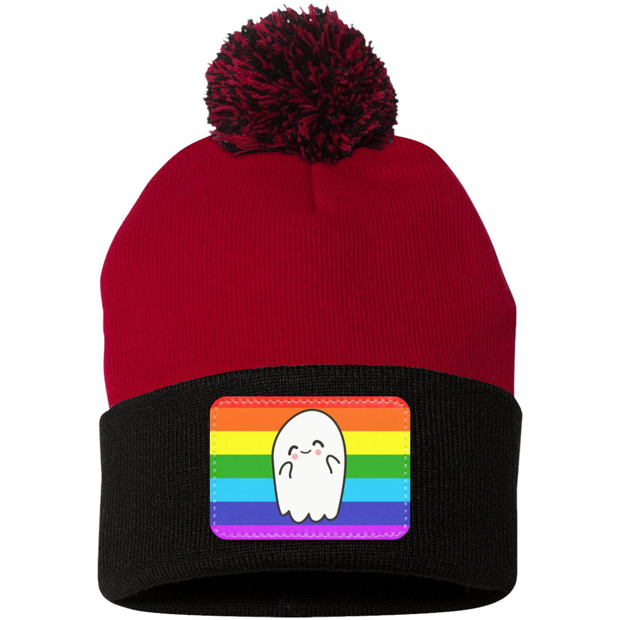 Halloween Pride Flag Ghost, Pom Pom Knit Cap. - Patch
