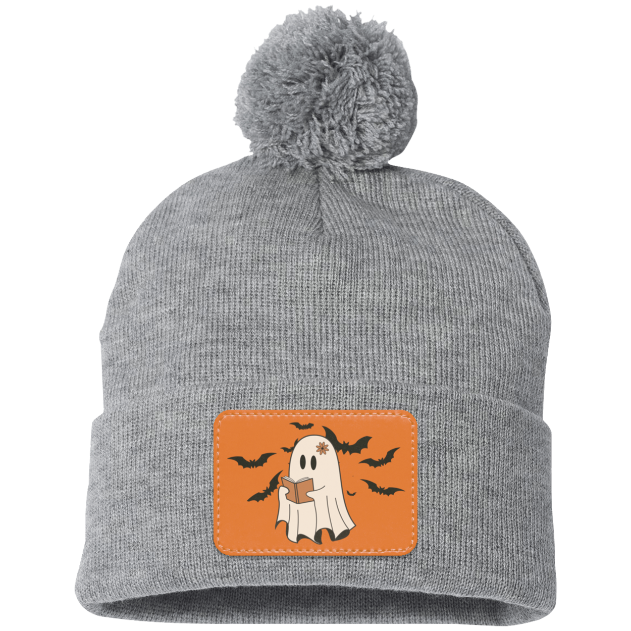Halloween Ghost and Bats Orange background, Pom Pom Knit Cap. - Patch