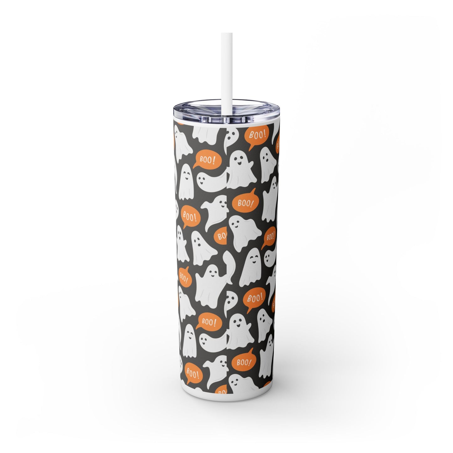 Halloween Pumpkin Ghost with Grey background, Skinny Tumbler with Straw, 20oz