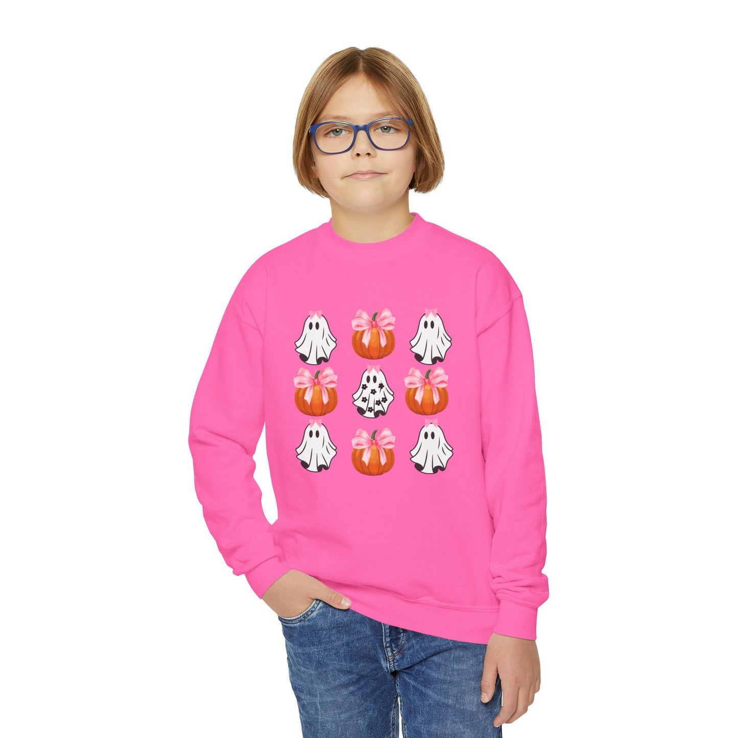 Cute Ghost with Bow, Youth Crewneck Sweatshirt