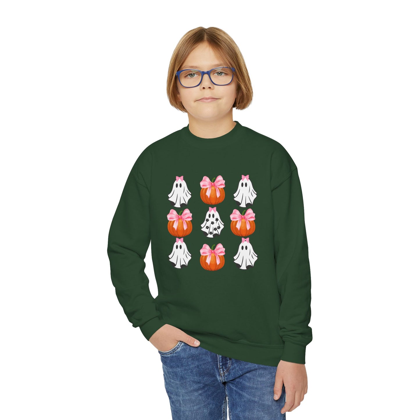 Cute Ghost with Bow, Youth Crewneck Sweatshirt
