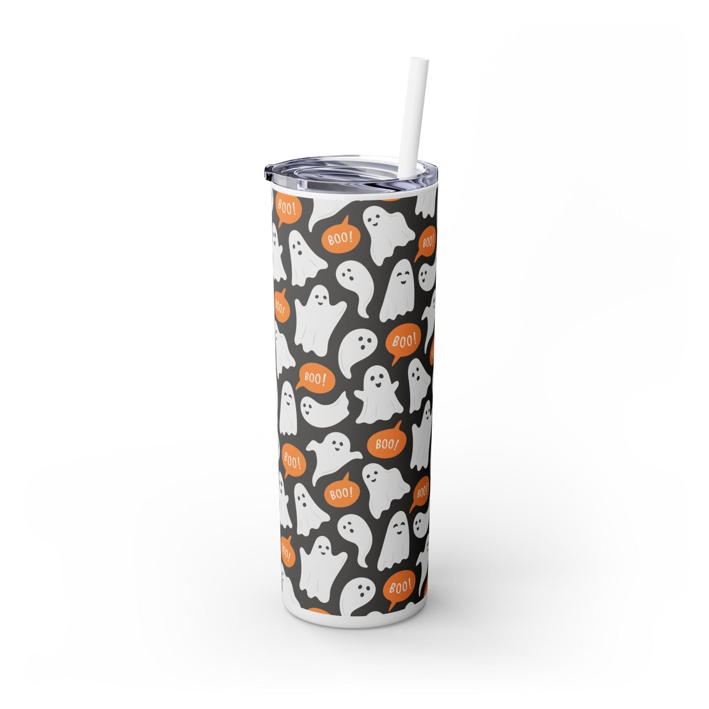 Halloween Pumpkin Ghost with Grey background, Skinny Tumbler with Straw, 20oz