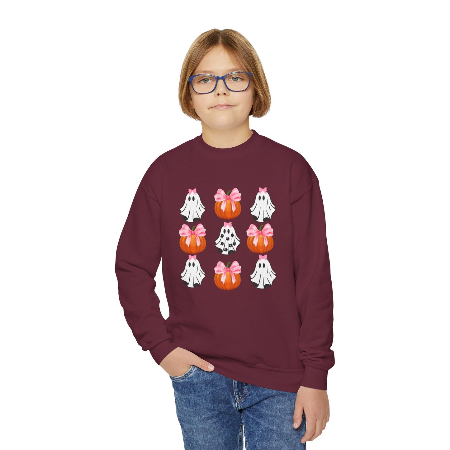 Cute Ghost with Bow, Youth Crewneck Sweatshirt