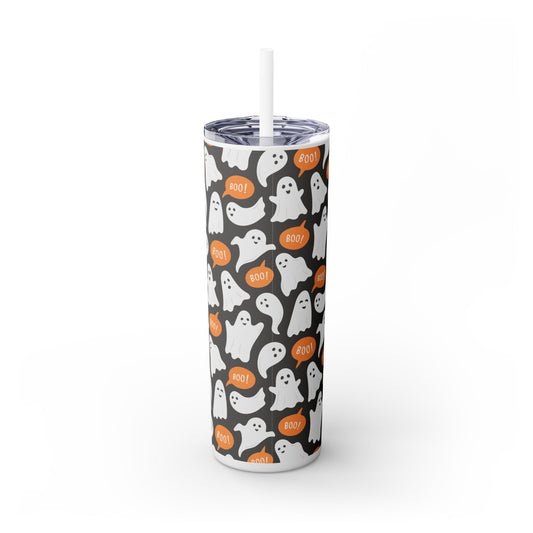 Halloween Pumpkin Ghost with Grey background, Skinny Tumbler with Straw, 20oz