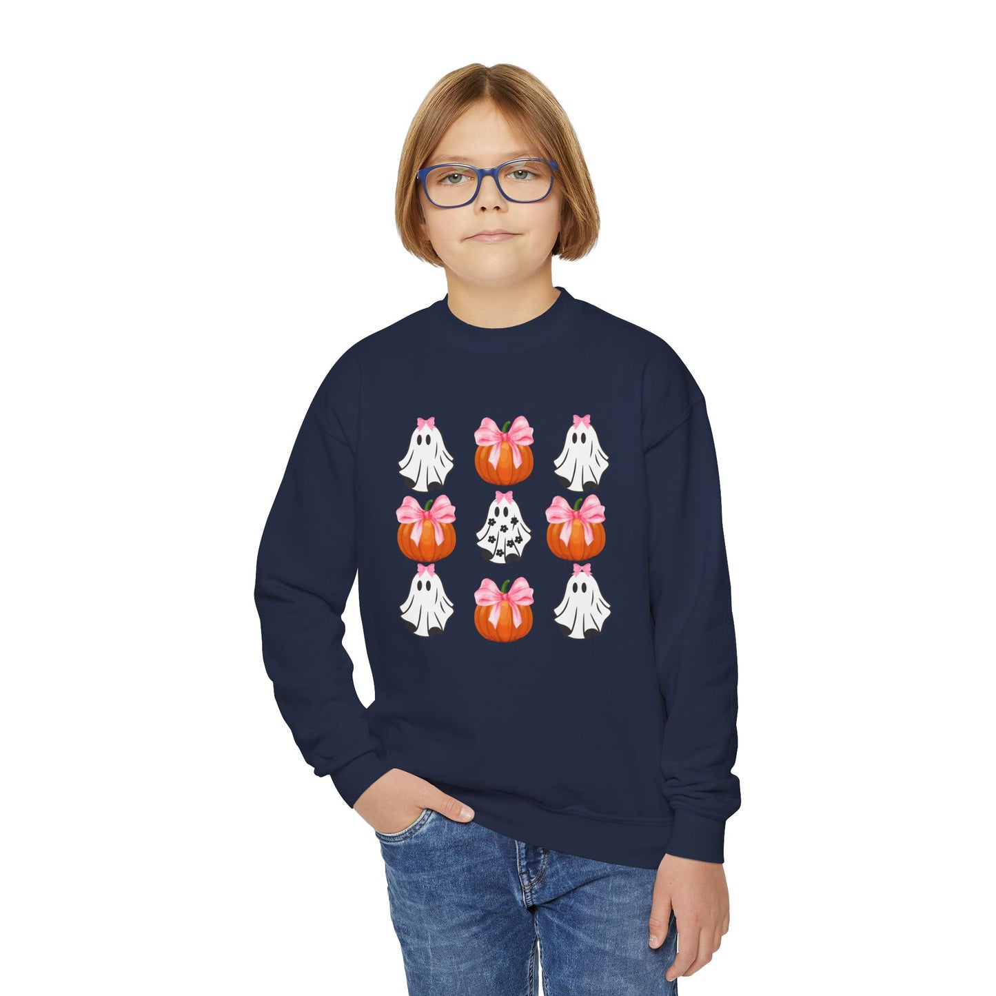 Cute Ghost with Bow, Youth Crewneck Sweatshirt