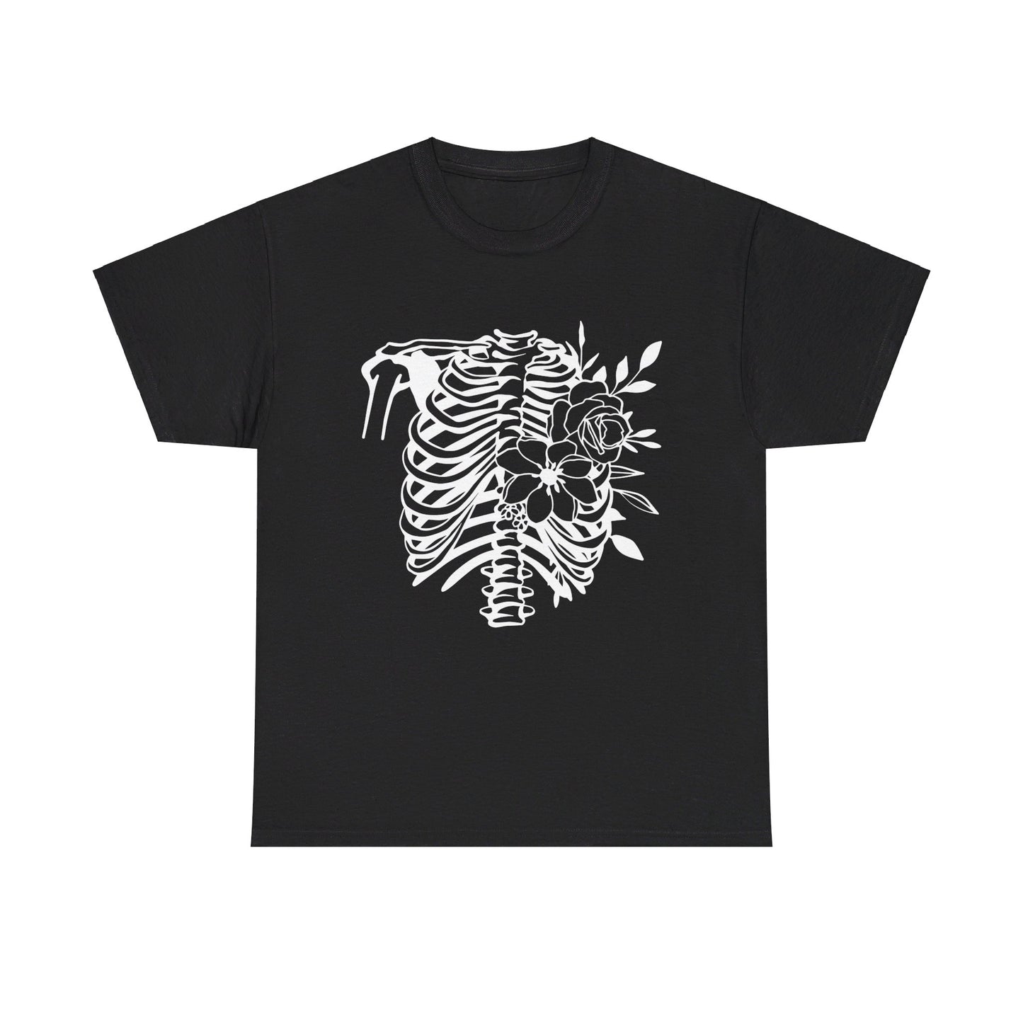 Skeleton Ribs and Flowers, Unisex Heavy Cotton Tee