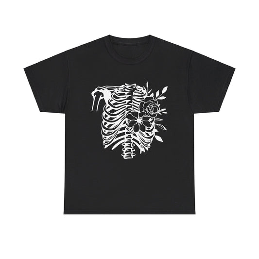 Skeleton Ribs and Flowers, Unisex Heavy Cotton Tee