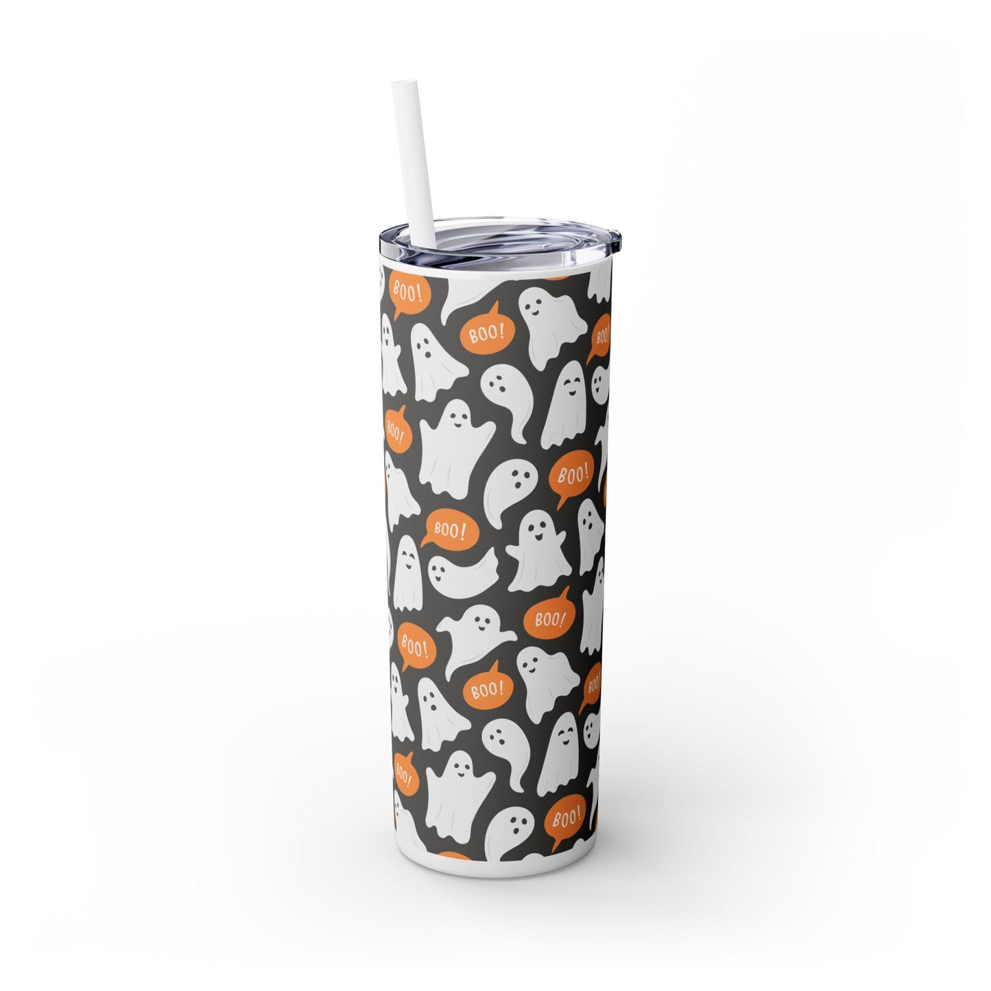 Halloween Pumpkin Ghost with Grey background, Skinny Tumbler with Straw, 20oz