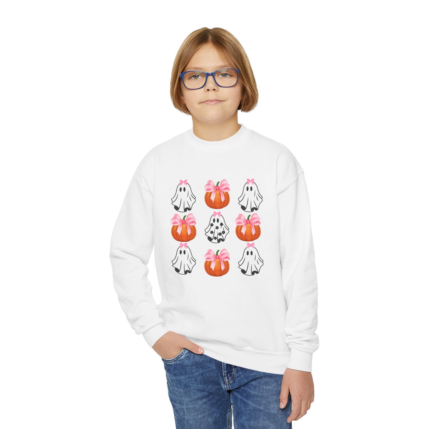 Cute Ghost with Bow, Youth Crewneck Sweatshirt