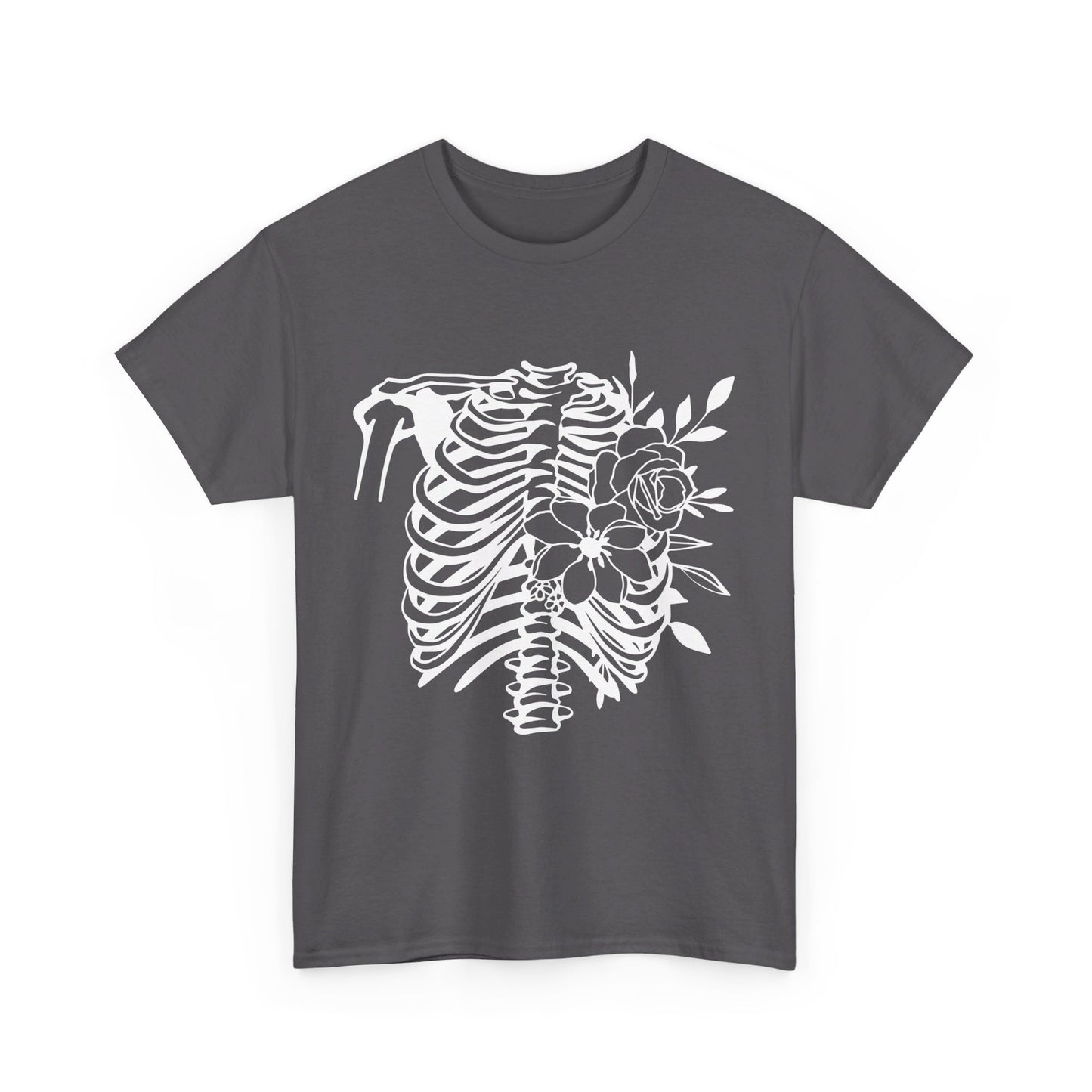 Skeleton Ribs and Flowers, Unisex Heavy Cotton Tee