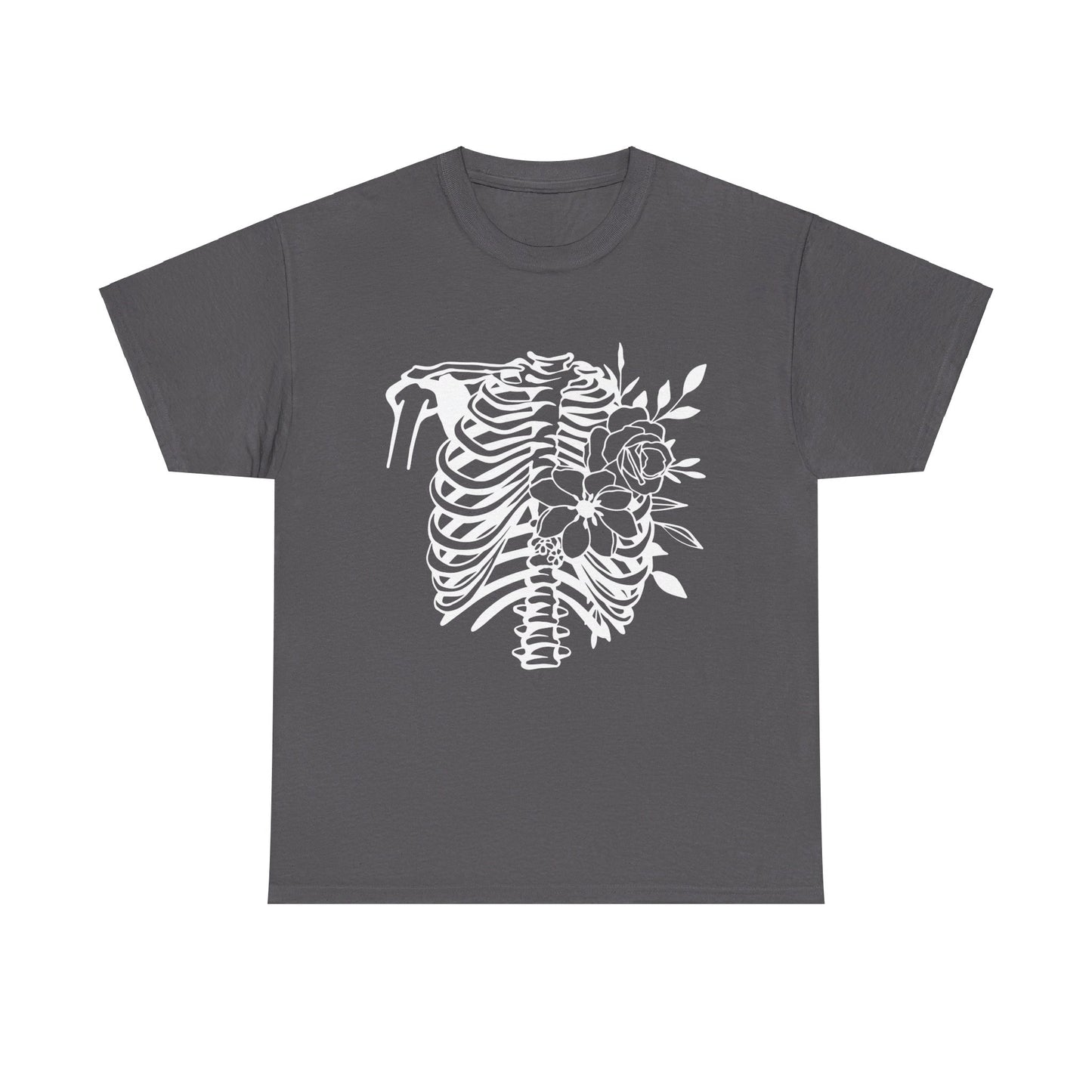 Skeleton Ribs and Flowers, Unisex Heavy Cotton Tee
