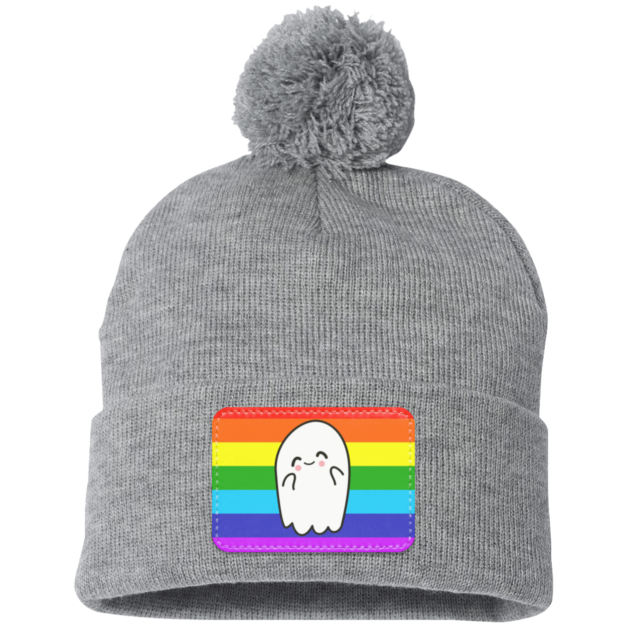 Halloween Pride Flag Ghost, Pom Pom Knit Cap. - Patch