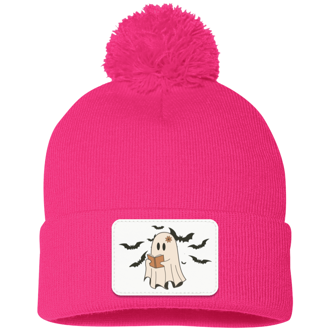 Halloween Ghost and Bats White background, Pom Pom Knit Cap. - Patch
