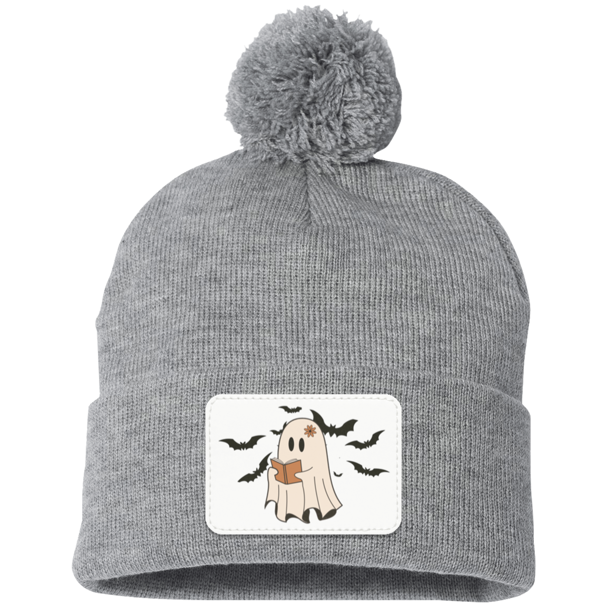 Halloween Ghost and Bats White background, Pom Pom Knit Cap. - Patch