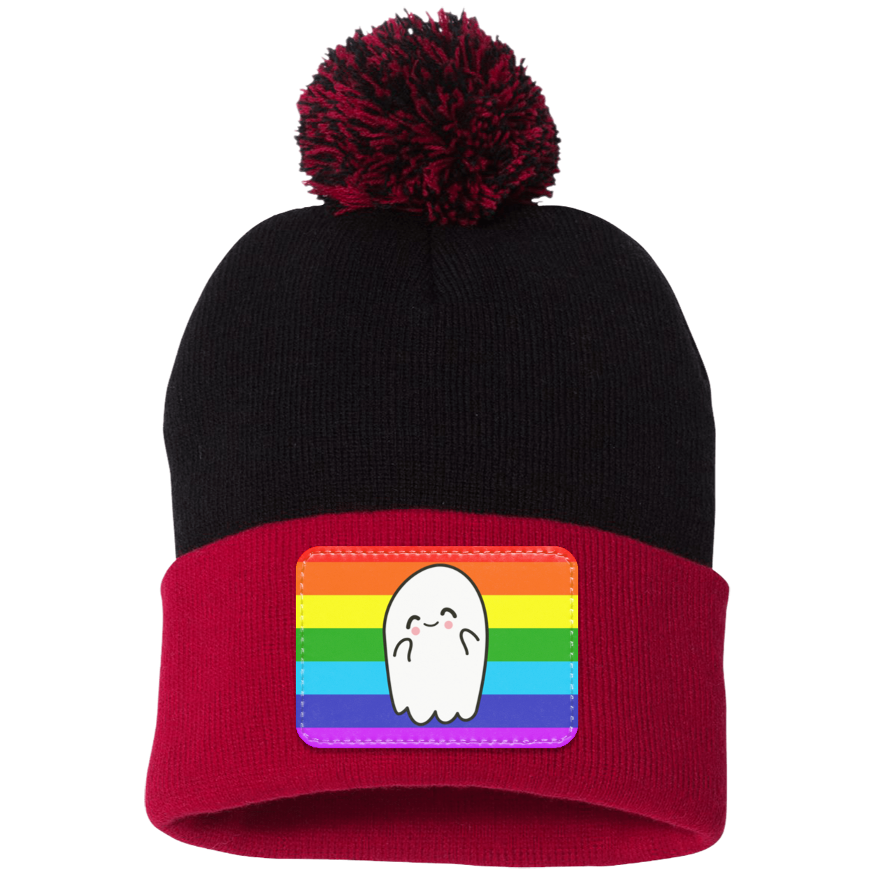 Halloween Pride Flag Ghost, Pom Pom Knit Cap. - Patch