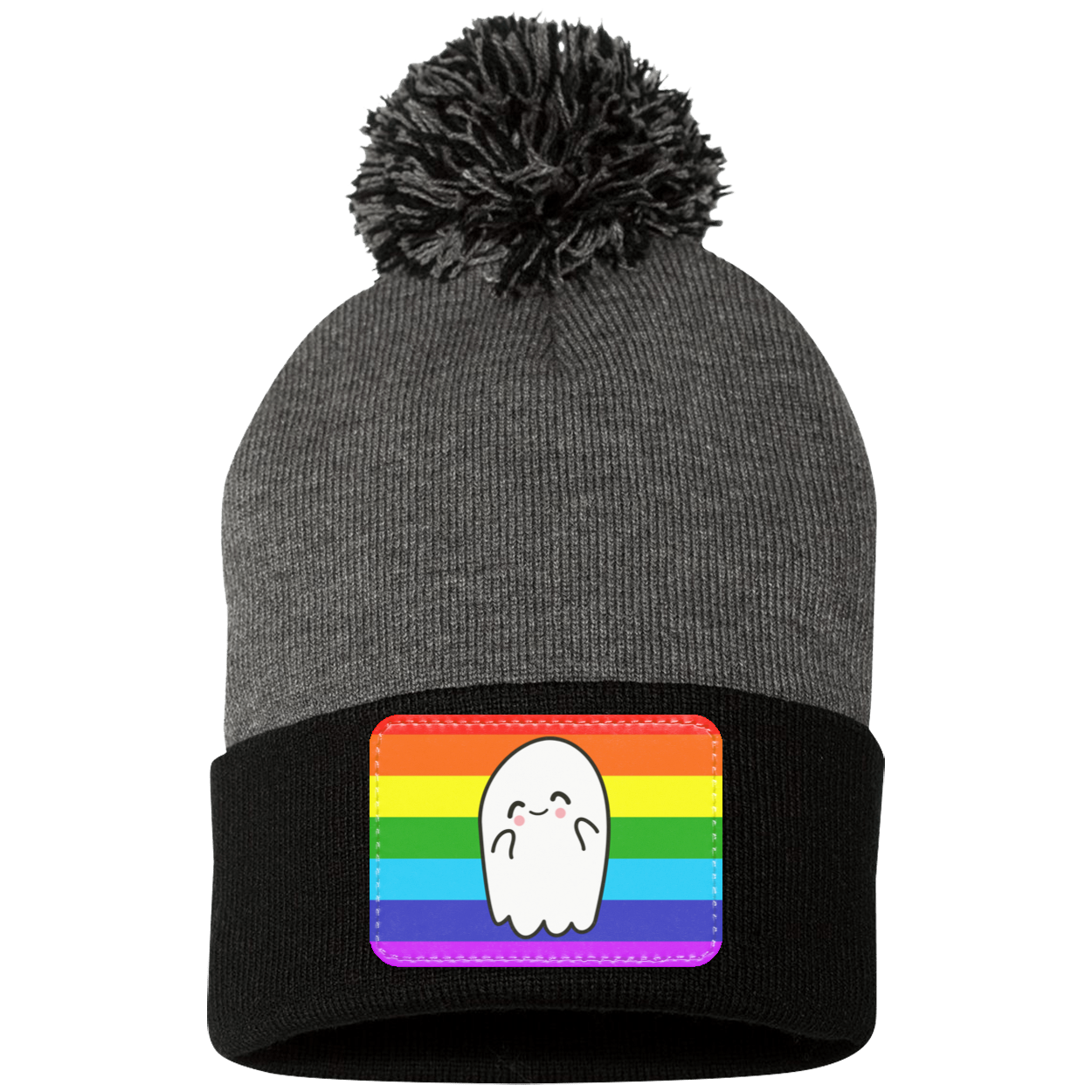 Halloween Pride Flag Ghost, Pom Pom Knit Cap. - Patch