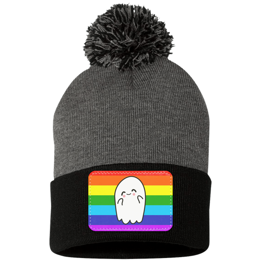 Halloween Pride Flag Ghost, Pom Pom Knit Cap. - Patch