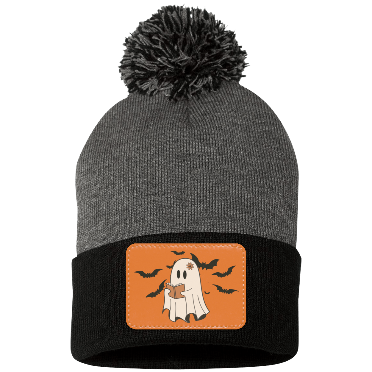 Halloween Ghost and Bats Orange background, Pom Pom Knit Cap. - Patch