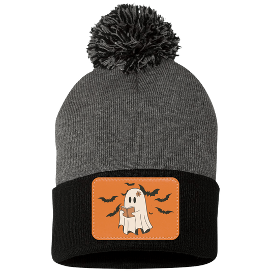 Halloween Ghost and Bats Orange background, Pom Pom Knit Cap. - Patch