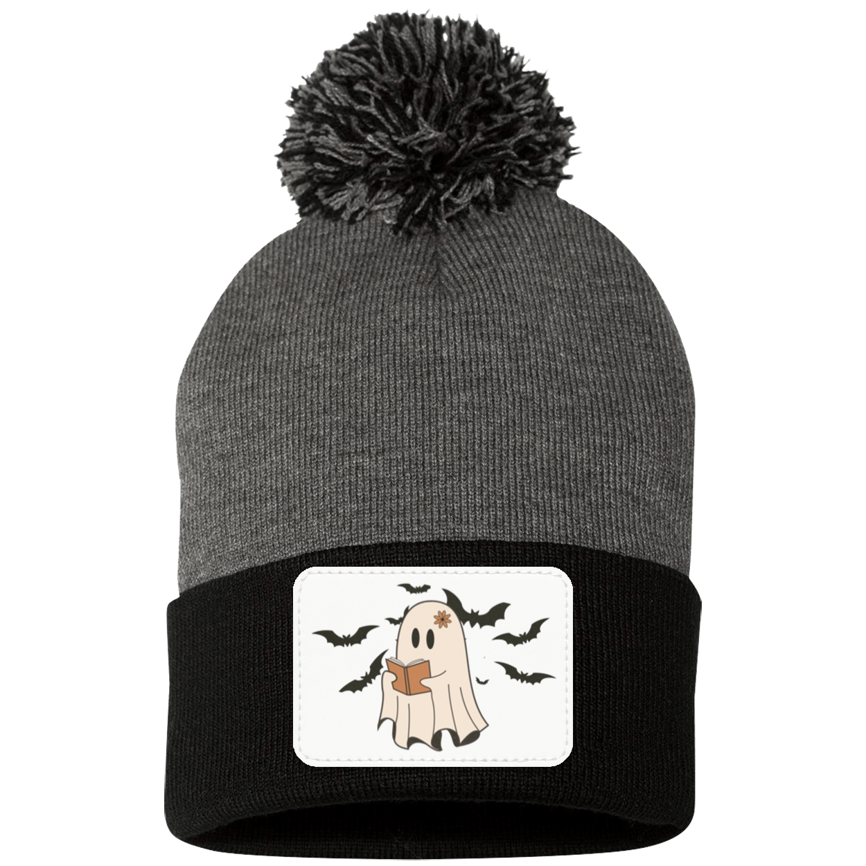 Halloween Ghost and Bats White background, Pom Pom Knit Cap. - Patch