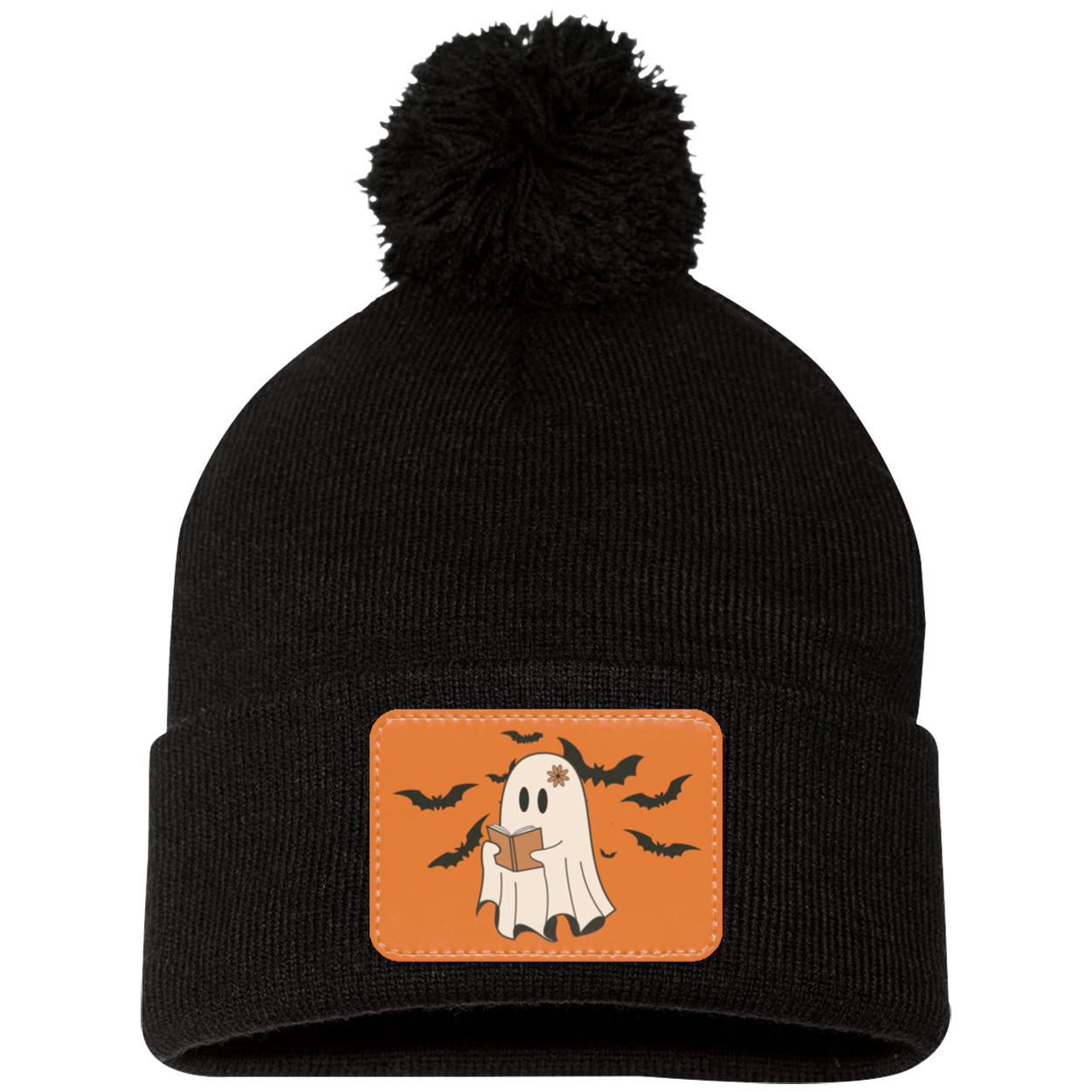 Halloween Ghost and Bats Orange background, Pom Pom Knit Cap. - Patch