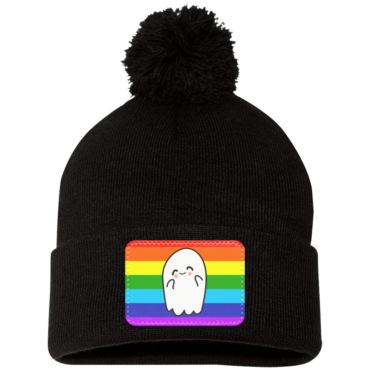 Halloween Pride Flag Ghost, Pom Pom Knit Cap. - Patch