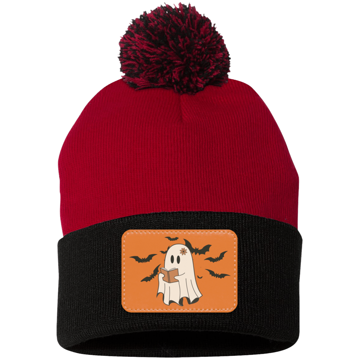 Halloween Ghost and Bats Orange background, Pom Pom Knit Cap. - Patch