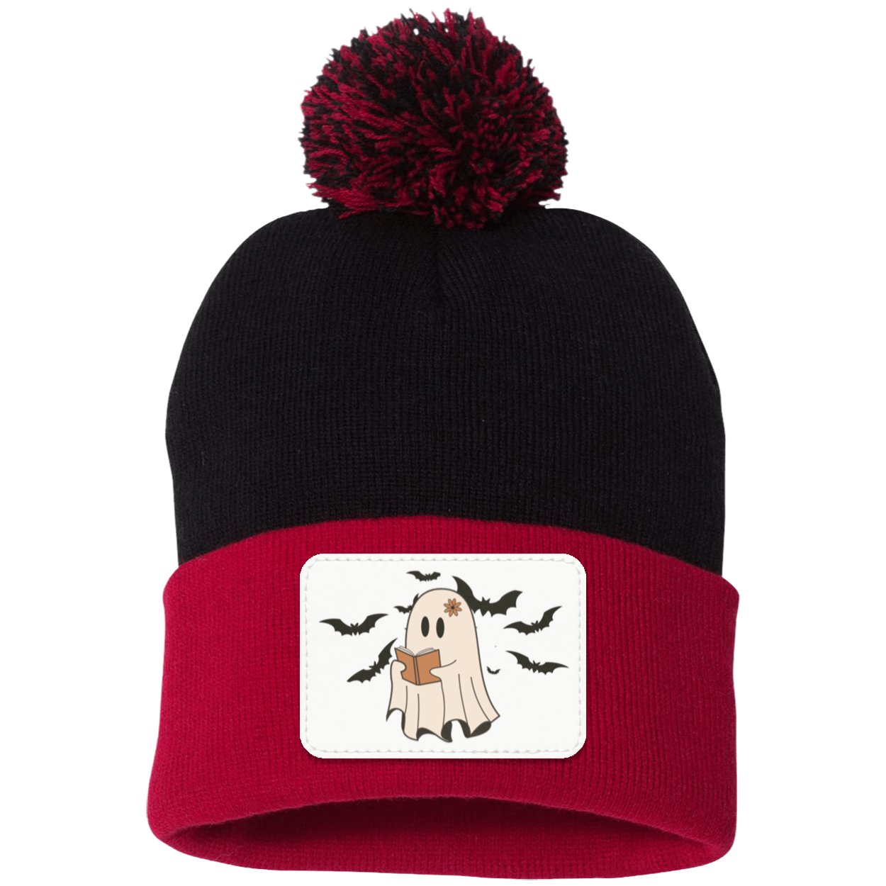 Halloween Ghost and Bats White background, Pom Pom Knit Cap. - Patch
