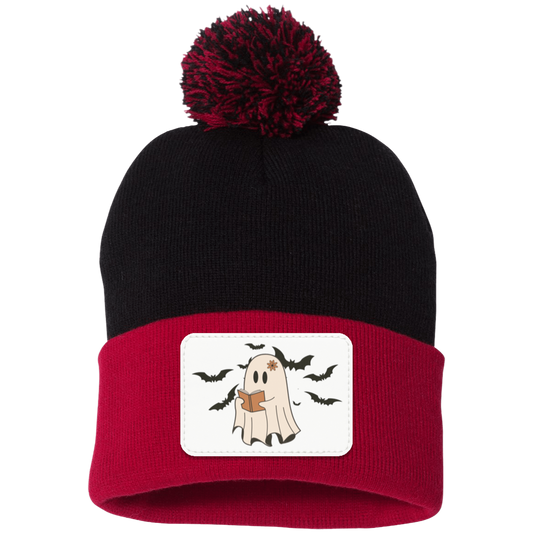 Halloween Ghost and Bats White background, Pom Pom Knit Cap. - Patch