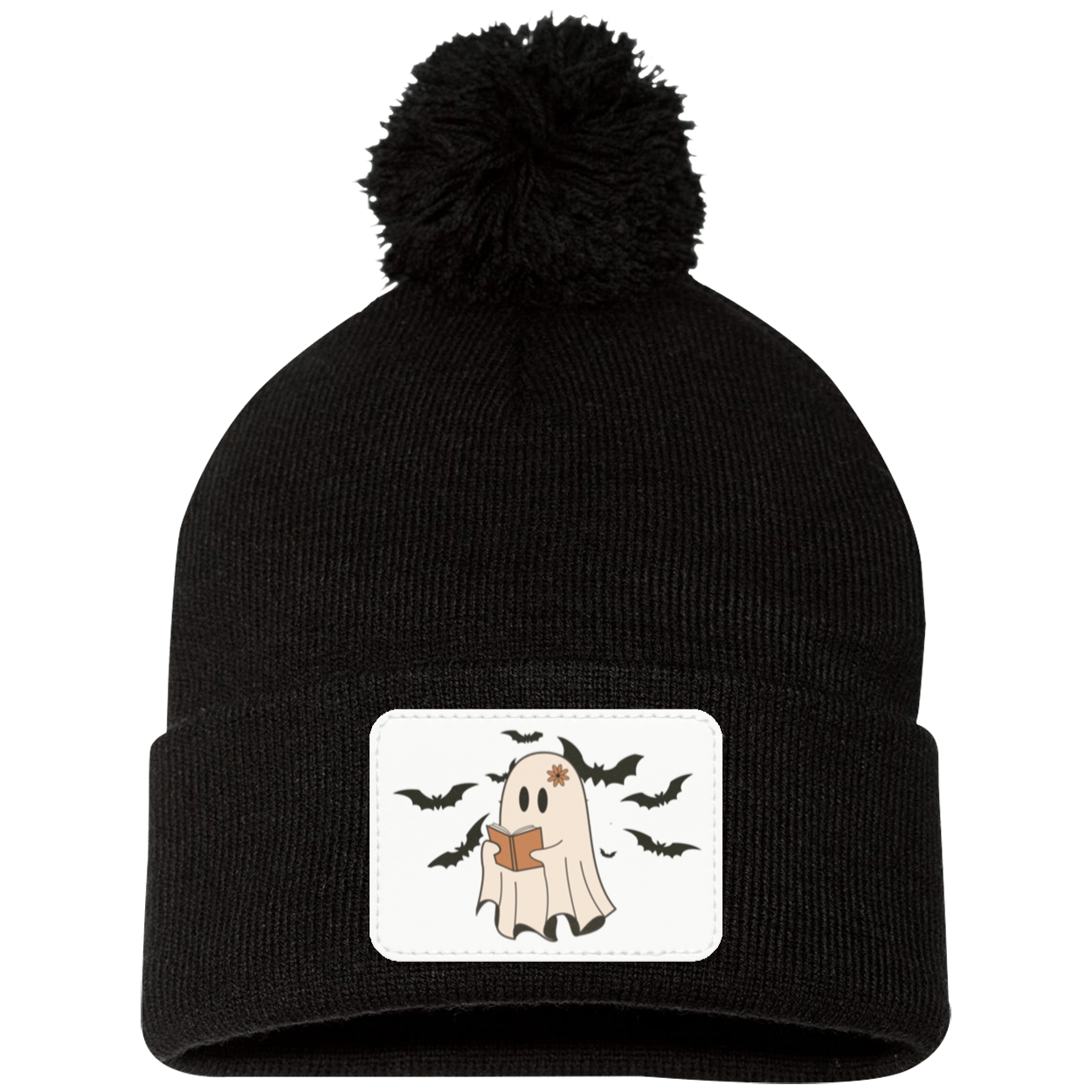 Halloween Ghost and Bats White background, Pom Pom Knit Cap. - Patch