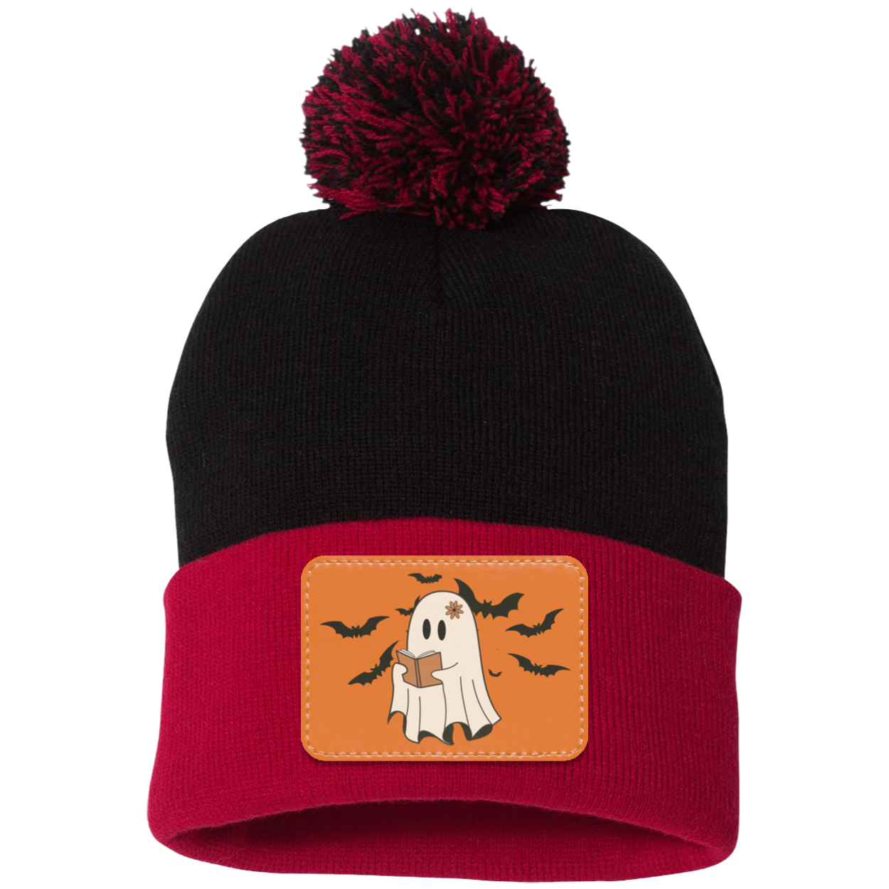 Halloween Ghost and Bats Orange background, Pom Pom Knit Cap. - Patch